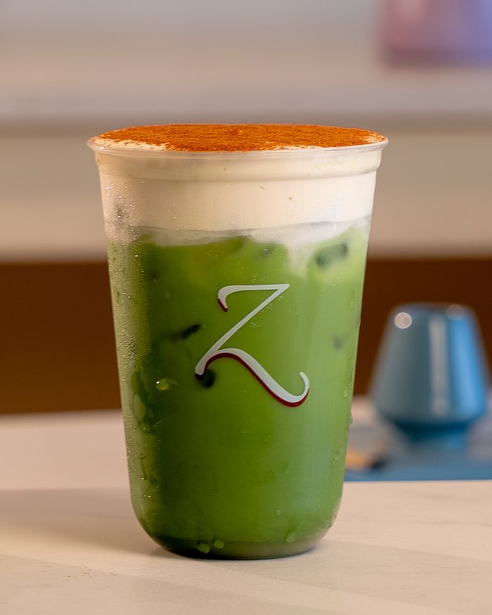 Banana Bread Matcha under a cinnamon-dusted foam cap