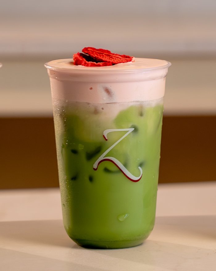 Strawberry Cream Matcha topped with strawberry foam